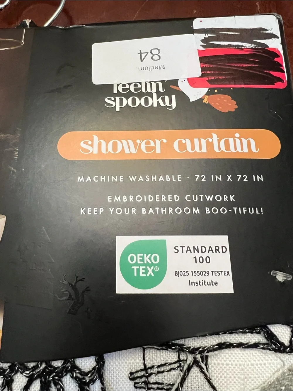 Spooky Embroidered White Shower Curtain with Gray Accents
